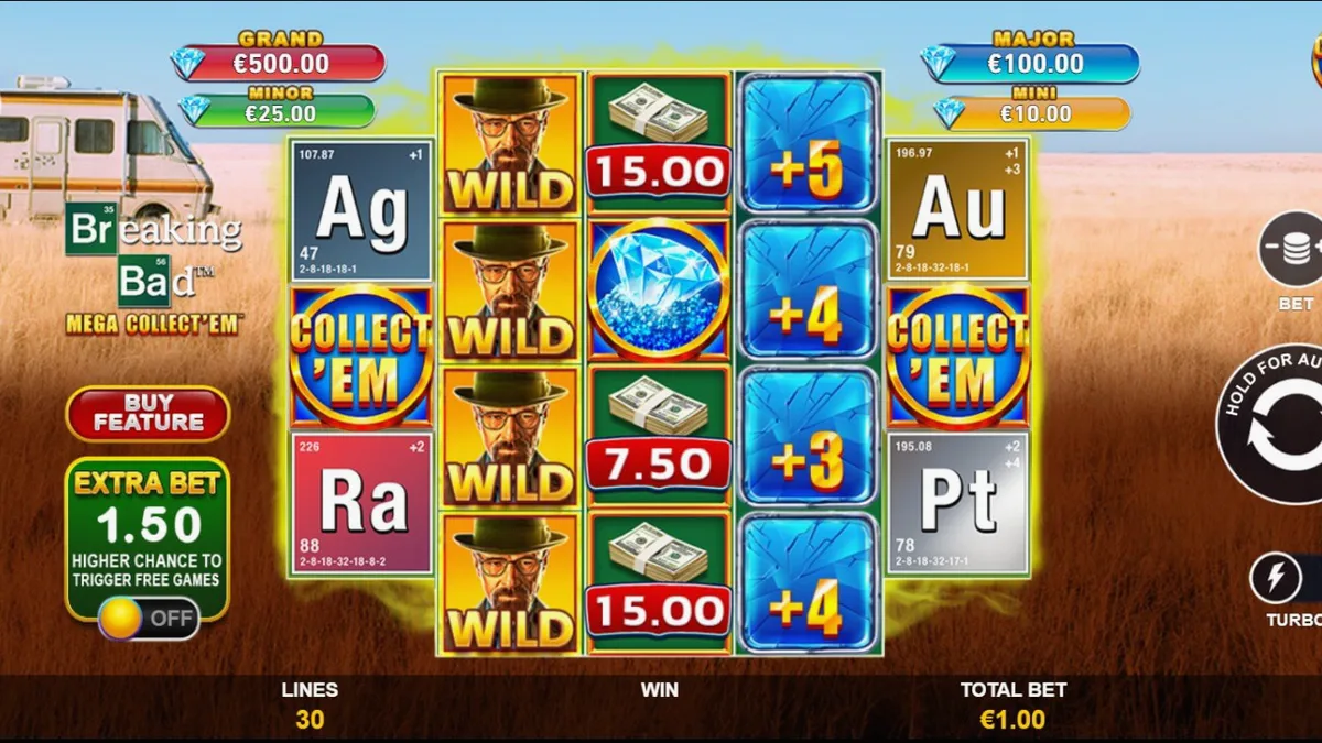 Tampilan visual slot Breaking Bad Mega Collect’Em dengan elemen ikonik serial.