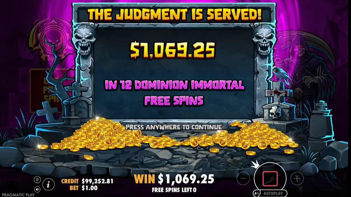 Tampilan visual slot Death Dominion dengan tema horor gothic dan Grim Reaper